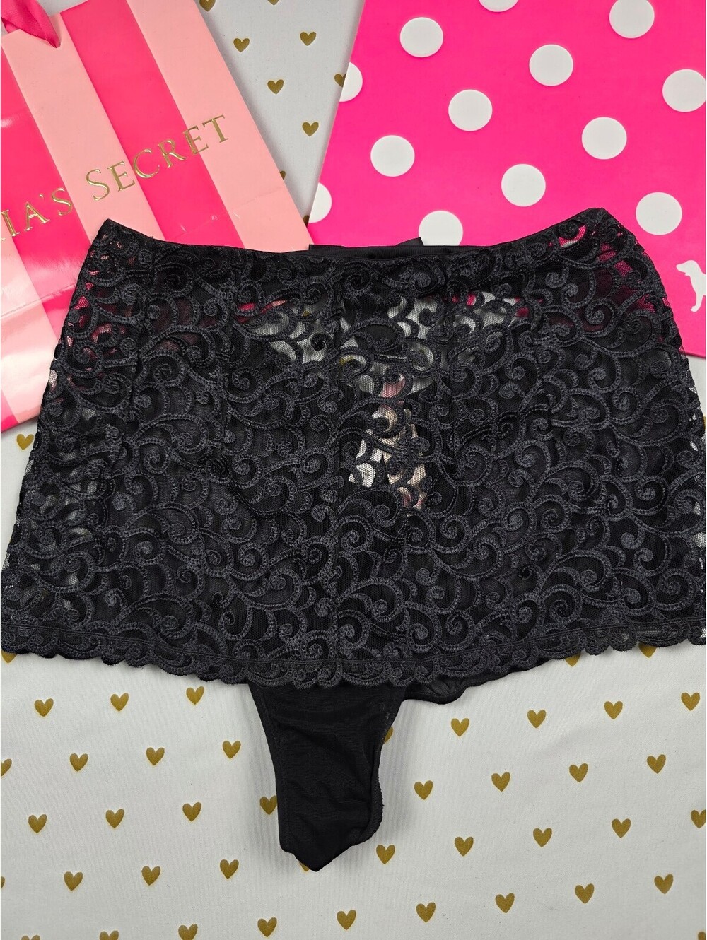 Vintage 2003 Victoria's Secret Lace Skirt Thong Panties M NWT Black Bow
